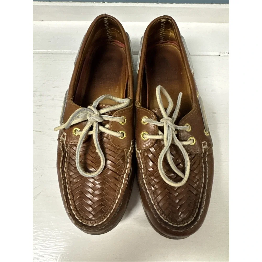Sperry Gold Cup‎ Leather Woven Tan Boat Shoes Men's Size 7.5 M